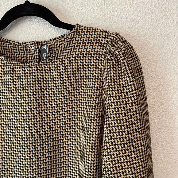 MNG Puff Shoulder Brown Black Houndstooth Shirt Long Sleeve Button Back Blouse 6 - Picture 3 of 8